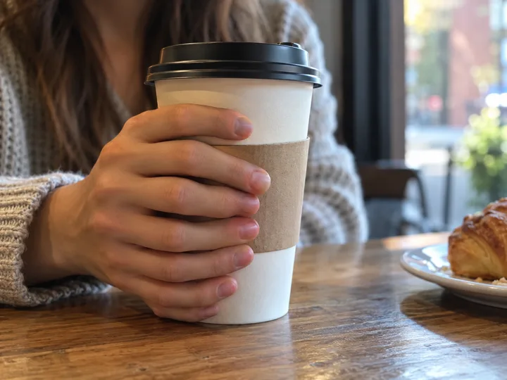 AI-generated photo of a hand holding a coffee cup with one finger too many