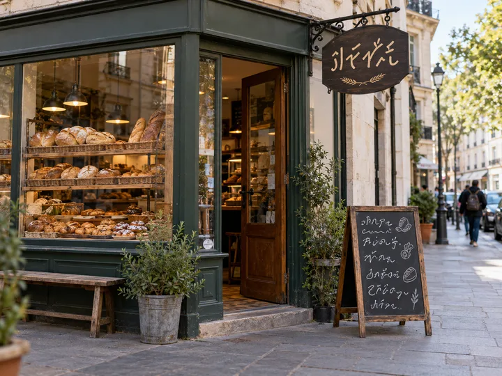 AI-generated photo of a bakery storefront whose sign and menu contain garbled letters